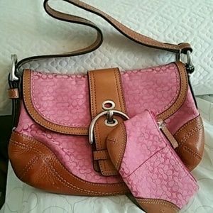 Pink and tan coach purse and coin purse