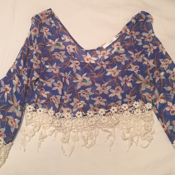 LF Millau Blue Crochet Floral Long Sleeve Crop Top