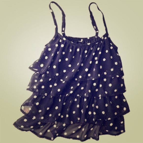 Cherokee Blue and white polkadotted ruffled shirt