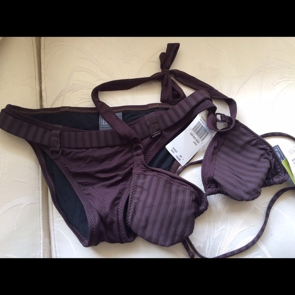 BECCA Bikini Bathing Suit Tone/Tone Brown Stripe L