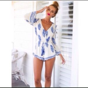 Boho white and blue Romper