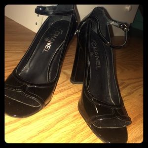 Chanel black peep toe pumps with strap💀