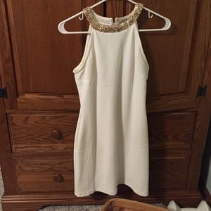 Worn once!! White bodycon with gold sequins!