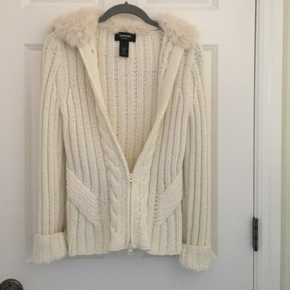 Express knit cable sweater w/ rabbit fur neckline