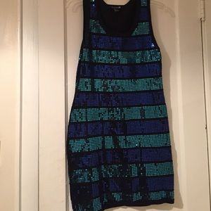 Blue/teal striped shiny sequin dress. Worn 1x
