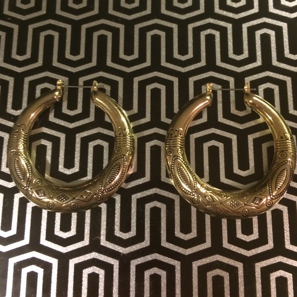 Tribal Print Engraved Gold Hoop Earrings