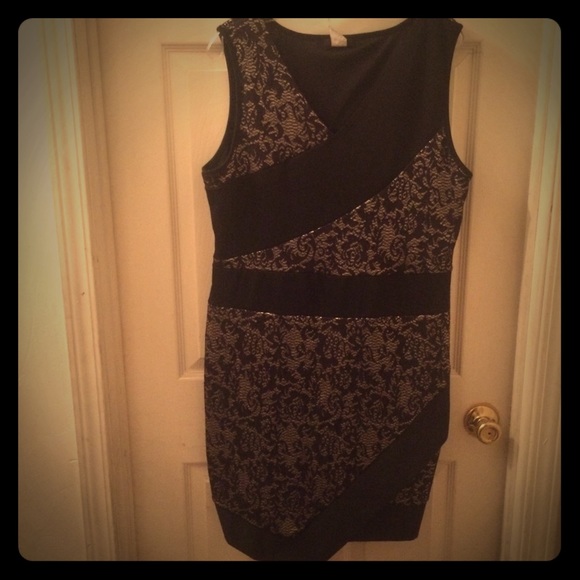 Gold and Black Lace Faux Wrap Dress