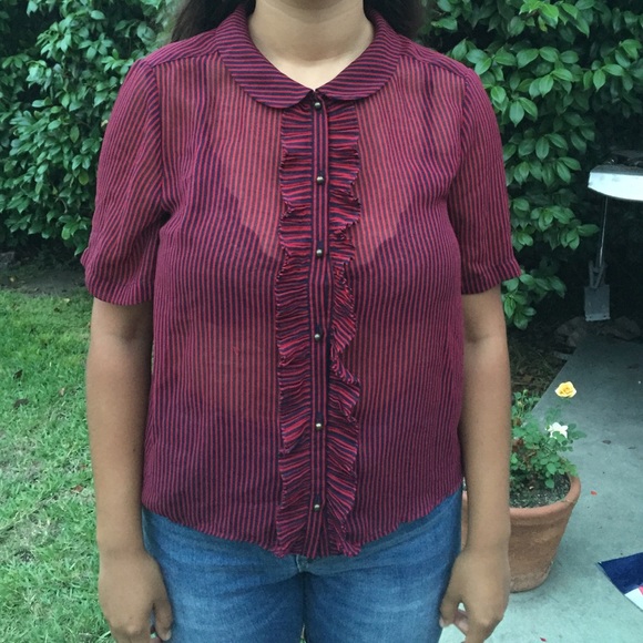 Blue and red striped button down blouse