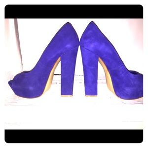 Blue suede Steve Madden open toe heels