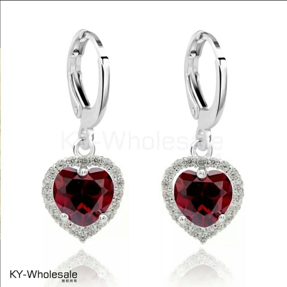 Real Platinum Red CZ  Love Heart Drop Earrings