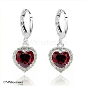 Real Platinum Red CZ  Love Heart Drop Earrings