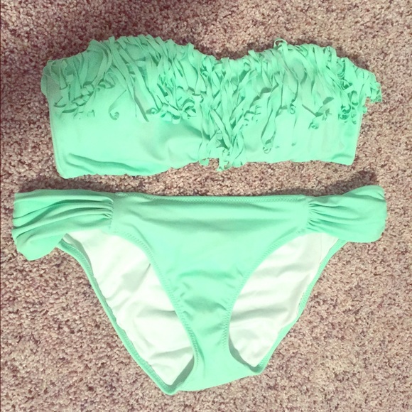 Lime green fringe top and bottoms with straps
