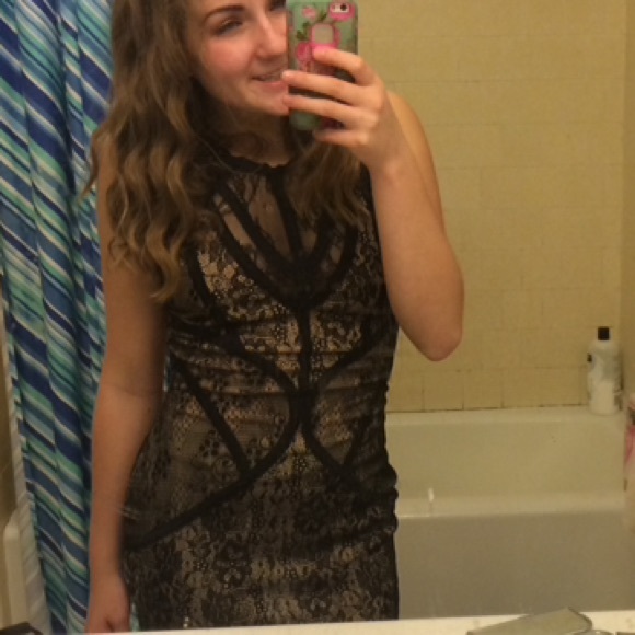 Tan /nude and black lace body-con homecoming dress
