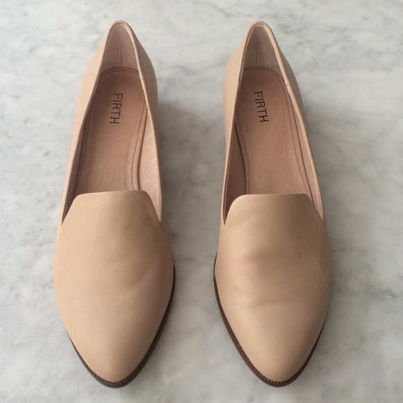 FIRTH nude stacked heel slip on loafers.