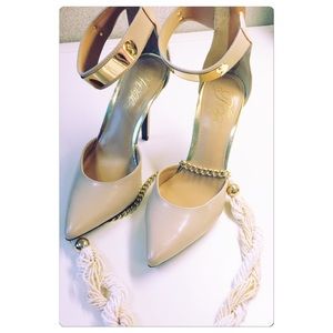 Fergie Nude/Gold Ankle Strap Heels