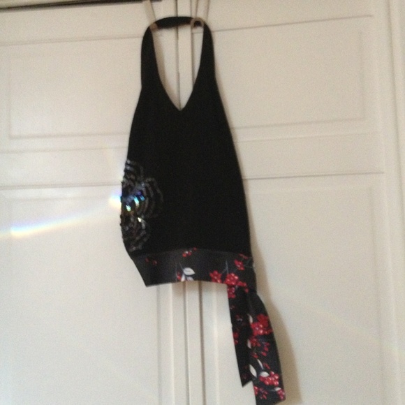 Black halter with side sequins and satin band.