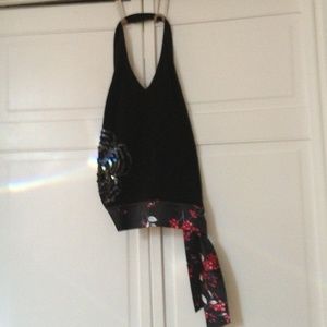Black halter with side sequins and satin band.