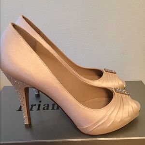 Ivory Satin Peep toe pumps w diamond studded heel