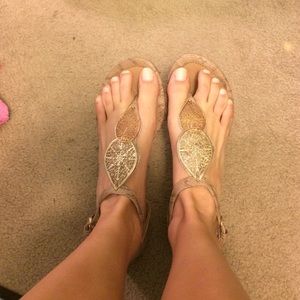 Brown and gold snake skin sandals