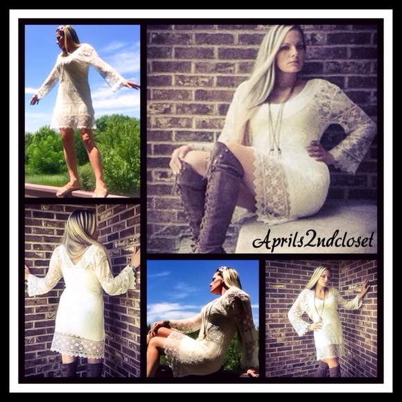 CROCHET LACE V-NECK MINI TUNUC COVERUP DRESS - Picture 2 of 7