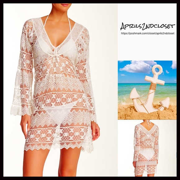 CROCHET LACE V-NECK MINI TUNUC COVERUP DRESS - Picture 4 of 7