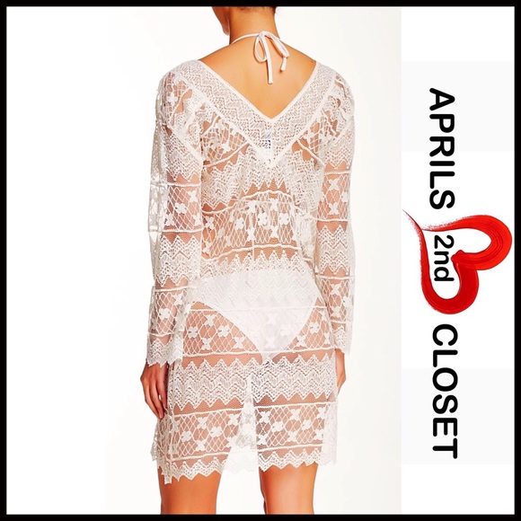 CROCHET LACE V-NECK MINI TUNUC COVERUP DRESS - Picture 5 of 7