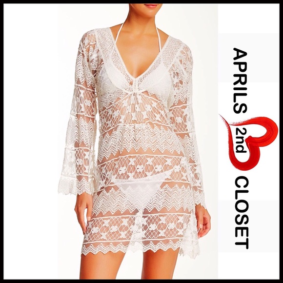 CROCHET LACE V-NECK MINI TUNUC COVERUP DRESS - Picture 7 of 7