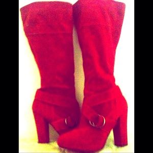 Red tall boots.