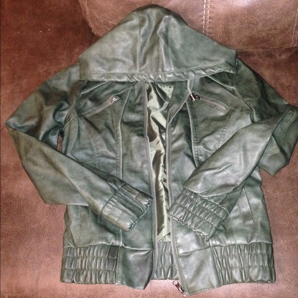Green leather jacket with hood!