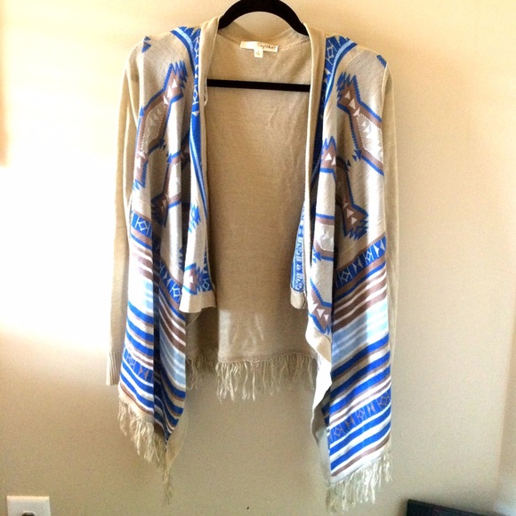 Tribal Print Draped Fringe Cardigan