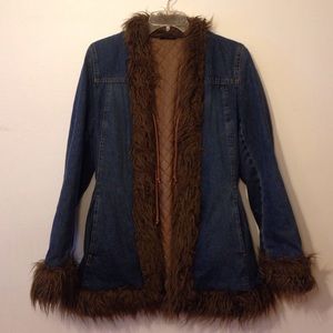 Fur trimmed blue jean jacket.