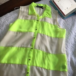 Sheer neon yellow and cream sleeveless shirt