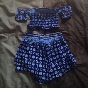 Blue and White Off The Shoulder Two Piece Set