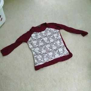Burgundy white lace front mid sleeve shirt