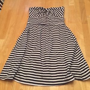Navy Blue Striped Strapless Dress