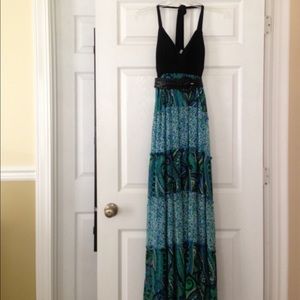 NWOT black, blue & green halter maxi dress