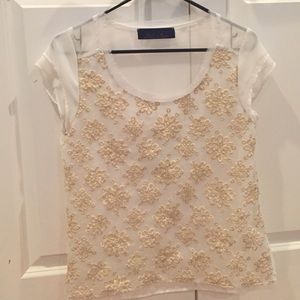 White sheer top with gold design