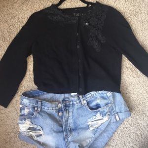 Black Button-Up Jacket with Lace Accents