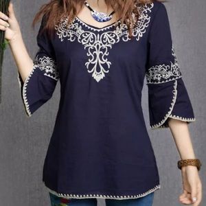 Navy Bell Sleeve Boho Top NWOT