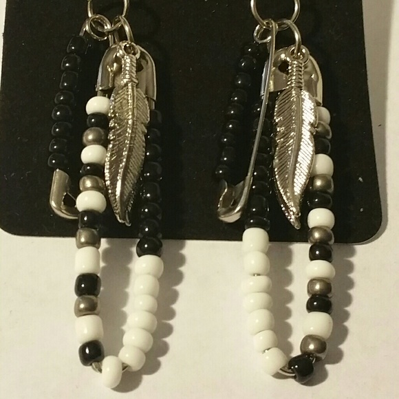 Black & White Feather  Safety Pin Earrings