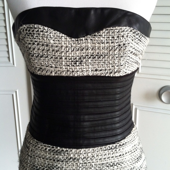 Bebe bodycon grey tweed faux leather mini dress - Picture 2 of 4