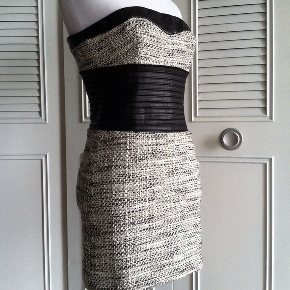 Bebe bodycon grey tweed faux leather mini dress - Picture 3 of 4