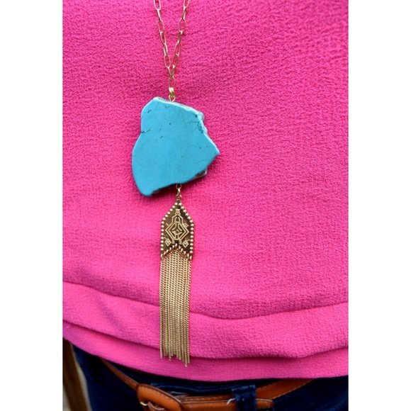 Turquoise Howlite Long Gold Tassel Necklace