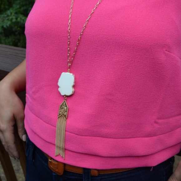 Creamy White Howlite Long Gold Tassel Necklace