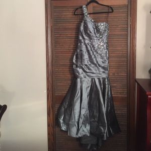 Long silver rhinestone embellished ballgown dress