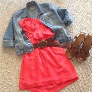 Strapless coral chiffon dress