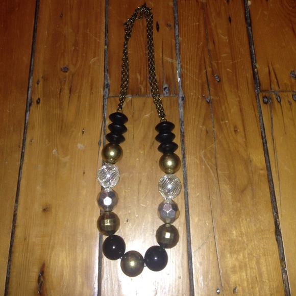 Large beaded necklace silver gold wood metal