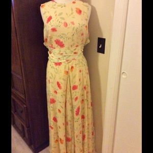 Adrianna Papell yellow silk dress w/flowers sz 14