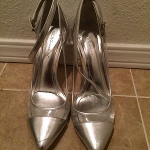 BCBGeneration Silver Heels With Ankle Strap.