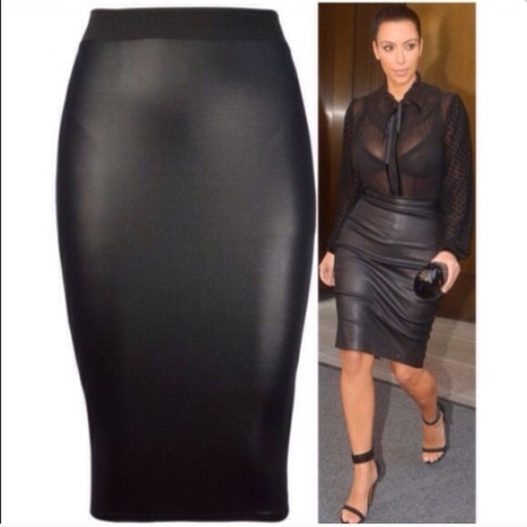 Black Wet Look Midi Skirt